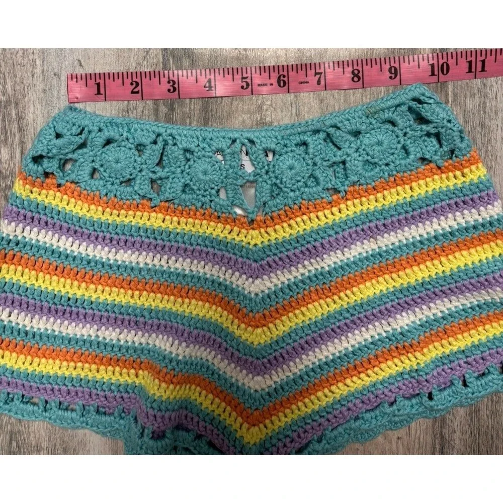 Coastal Boho Crochet Stripe Shorts Festival Beach Cover Up Small Beachy Colorful